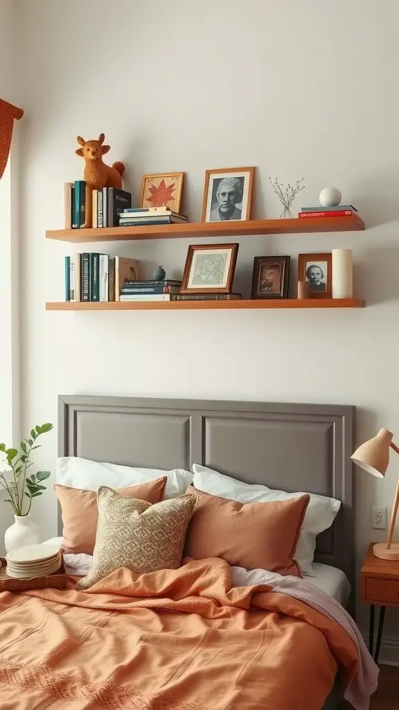 Cozy bedroom featuring wall-mounted shelves above the bed with books and decor.