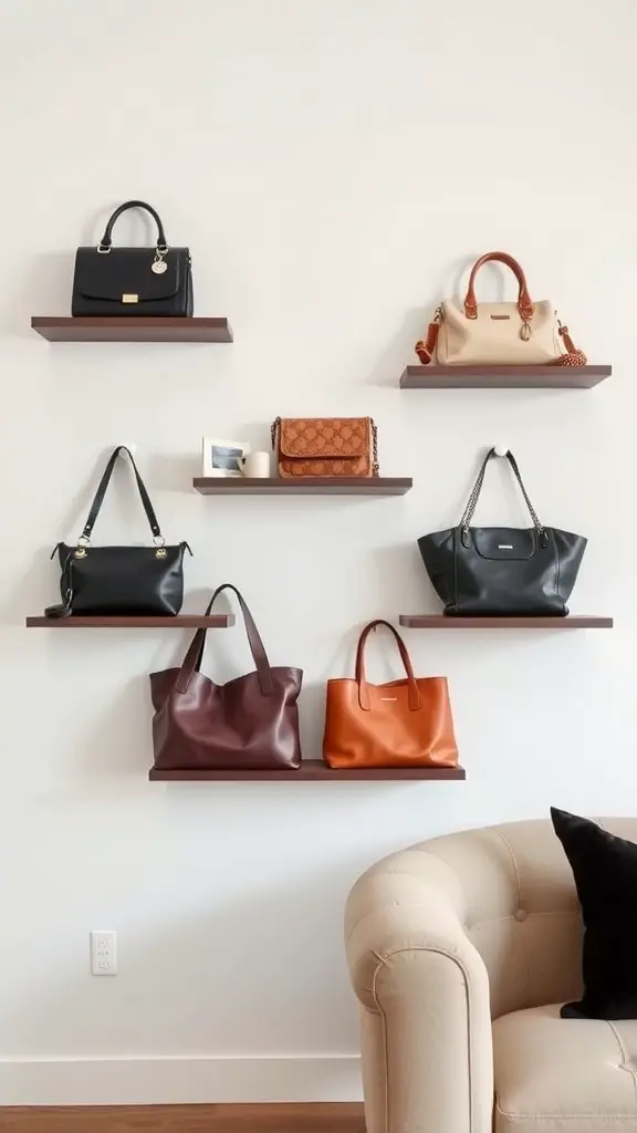 An arrangement of purses on wall-mounted shelves in a minimalist display.
