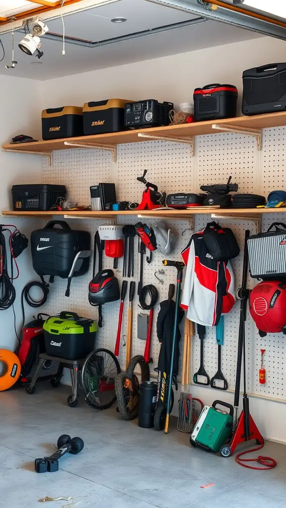 21 Creative Garage Storage Ideas You Need to Try 2 A garage with wall-mounted shelves holding various tools, equipment, and storage boxes.