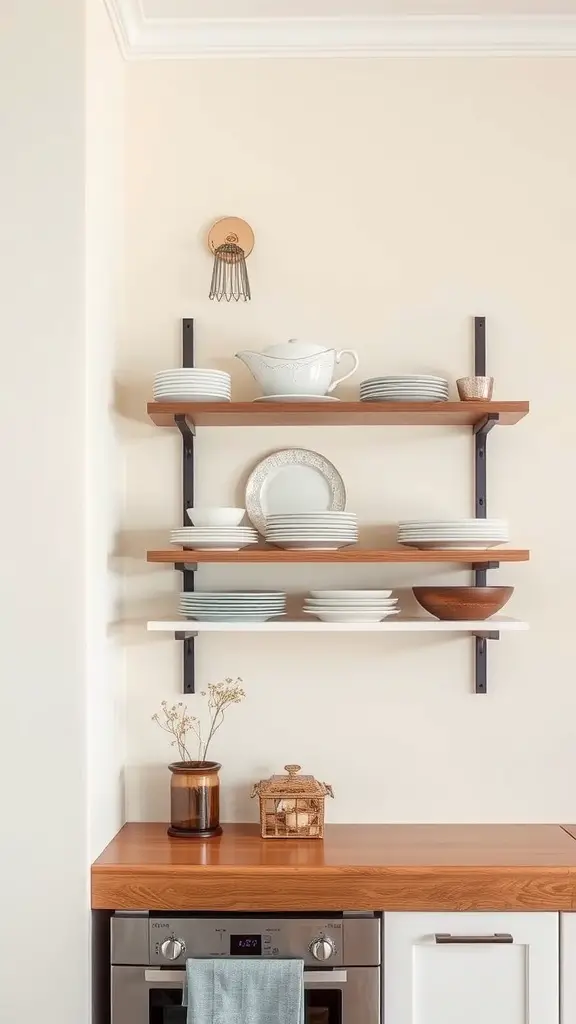 17 Genius Storage Solutions for Small Kitchens 12 Wall-mounted shelving units with plates and a teapot in a modern kitchen