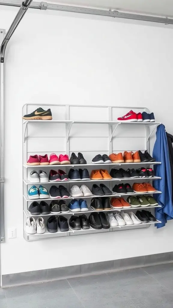 A wall-mounted shoe shelf displaying a variety of shoes in a garage setting.