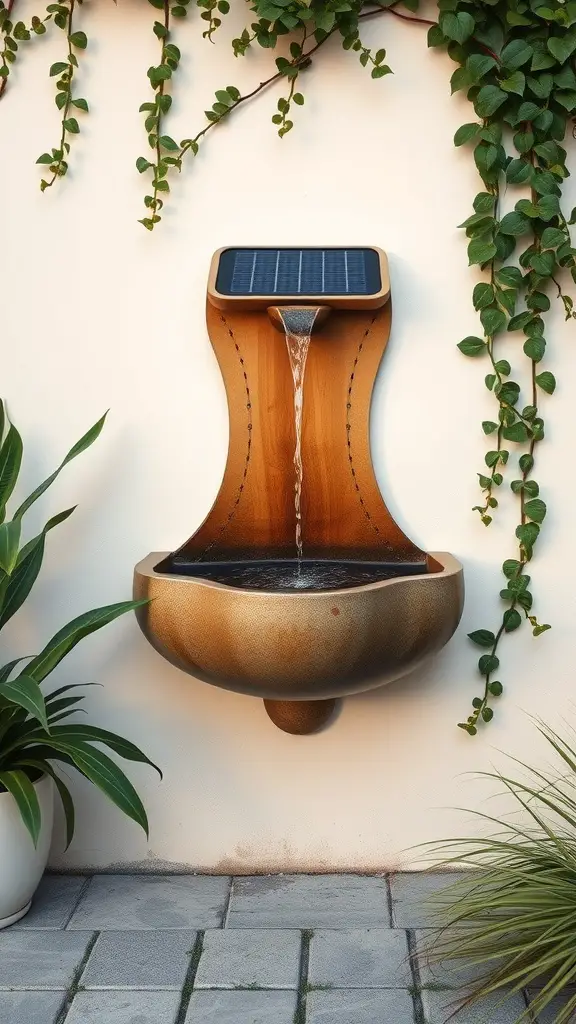 17 Creative DIY Solar Fountain Ideas for Your Garden 11 A modern wall-mounted solar fountain with a gentle water flow, surrounded by green plants.