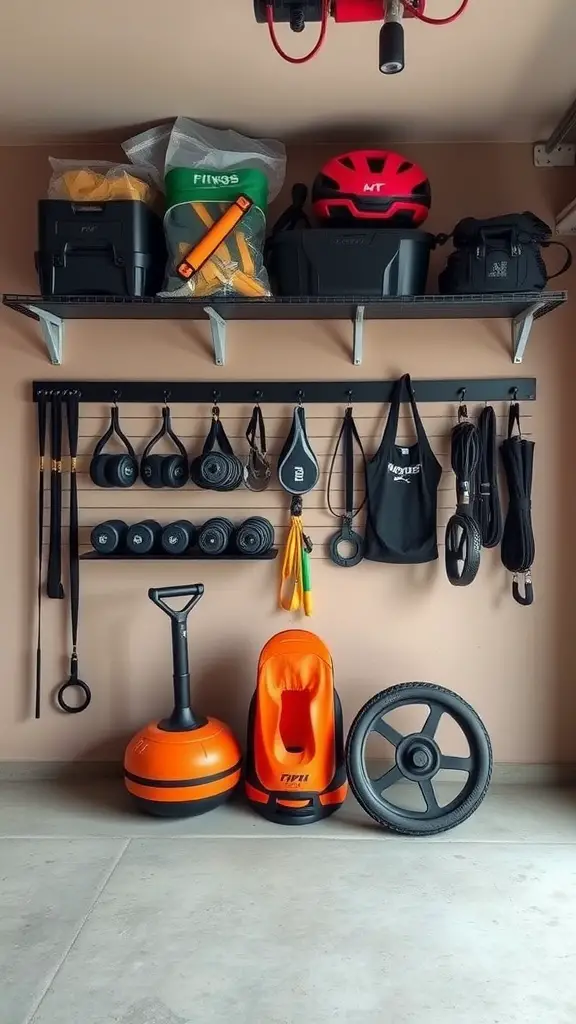 21 Inspiring Garage Gym Ideas for Your Home Workout Space 10 Well-organized wall-mounted storage in a garage gym with various fitness equipment