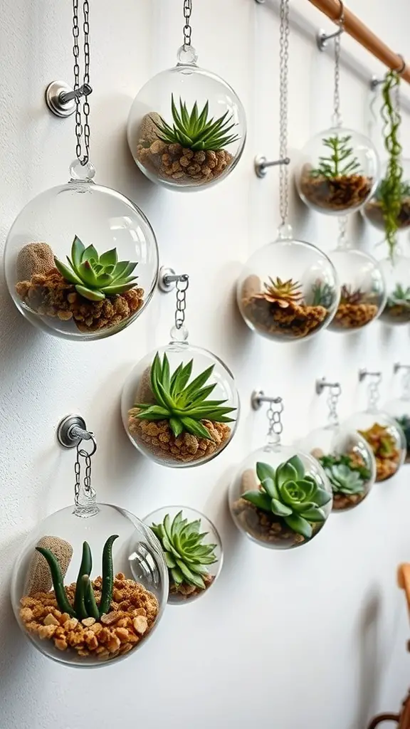 21 Stunning Indoor Plant Wall Designs Featuring Succulents 14 An array of wall-mounted glass terrariums filled with various succulents, showcasing different textures and colors.