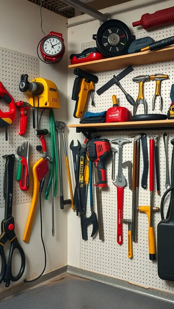 19 Essential Items for Perfect Garage Tool Organization 6 Organized tools on a wall-mounted pegboard with shelves in a garage.