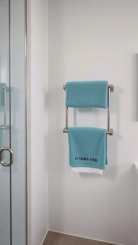 27 Creative Pool Towel Storage Solutions You Need to Try 6 Wall-mounted towel rack with blue towels displayed