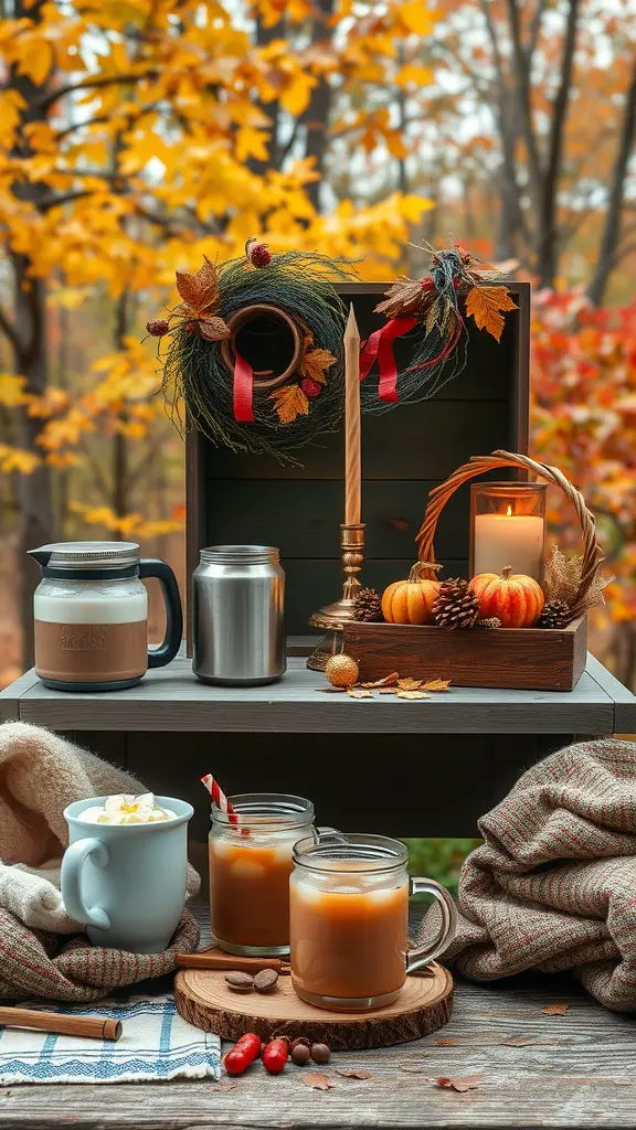 A cozy beverage station set up for a fall bridal shower with warm drinks, pumpkins, and blankets.