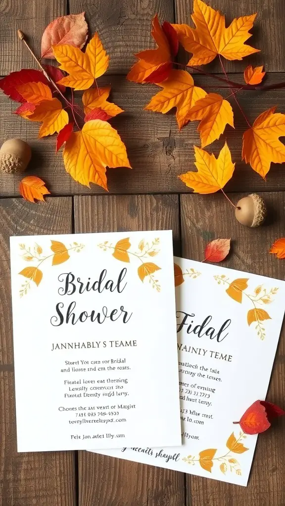 Warm and cozy bridal shower invitations with autumn leaves on a wooden background