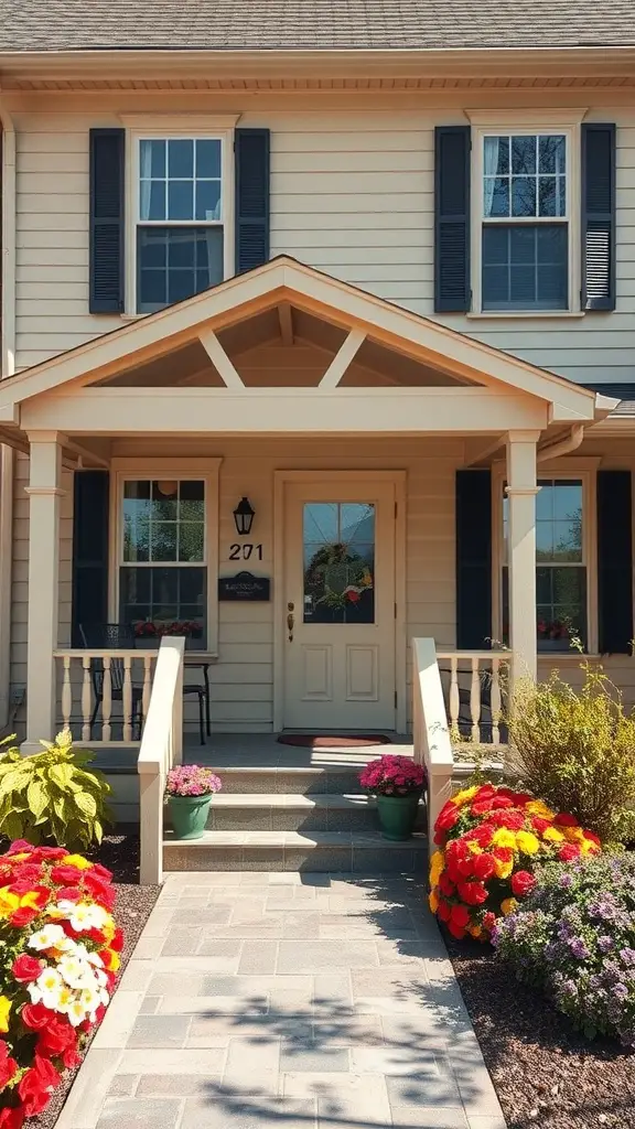 19 Beautiful Exterior House Colors to Transform Your Home 8 A charming house with warm beige siding, dark blue shutters, and colorful flowers in the front yard.