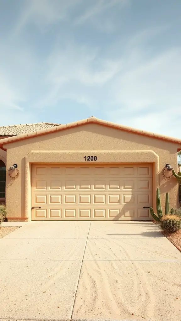 A garage door painted in warm beige, surrounded by a sandy walkway and desert plants.