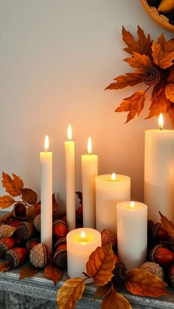 A warm candle display surrounded by autumn leaves and acorns.