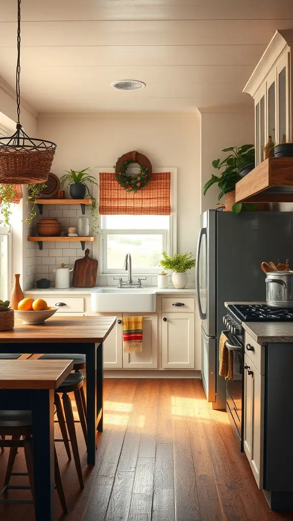A cozy farmhouse kitchen with warm wood tones, white cabinetry, and natural elements.