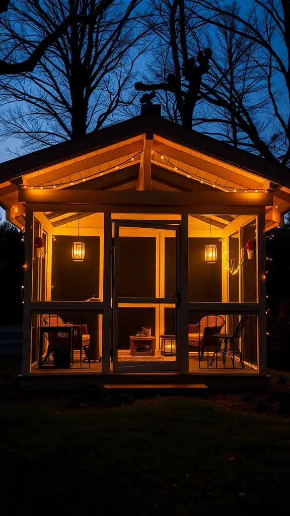 A cozy screened-in porch illuminated with warm lights at dusk.