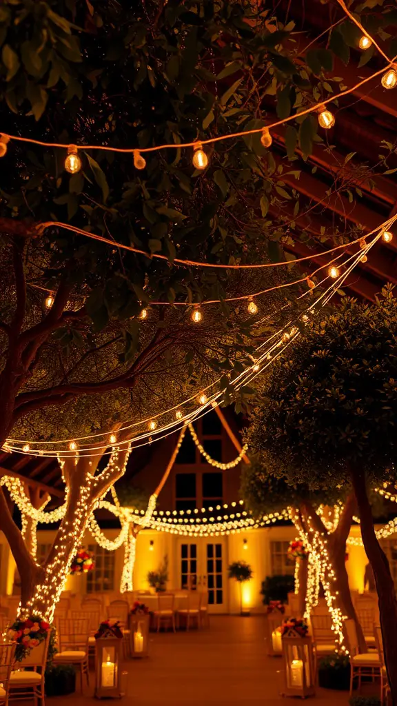 An outdoor wedding venue decorated with string lights and lanterns
