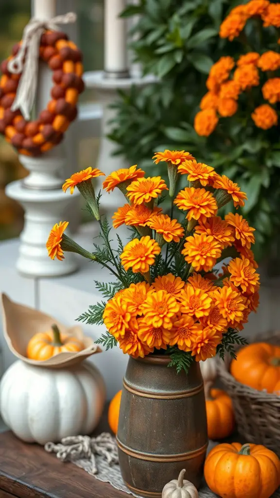 A bouquet of bright orange marigolds in a rustic vase surrounded by pumpkins and a decorative wreath.