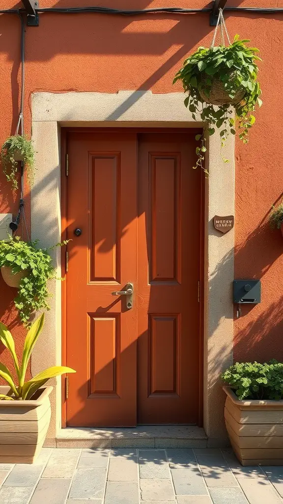 A double door painted in warm terracotta color, framing a cozy entrance with hanging plants and decorative pots.