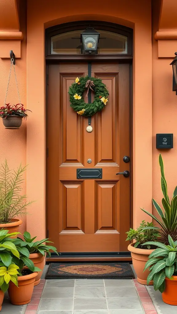 A warm terracotta front door with a green wreath and potted plants