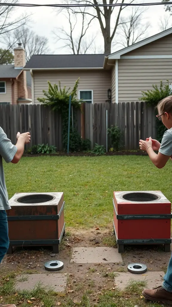 17 Fun Yard Games for Adults to Enjoy This Summer 5 Two players standing in a backyard, preparing to throw washers into boxes for a game of washers.