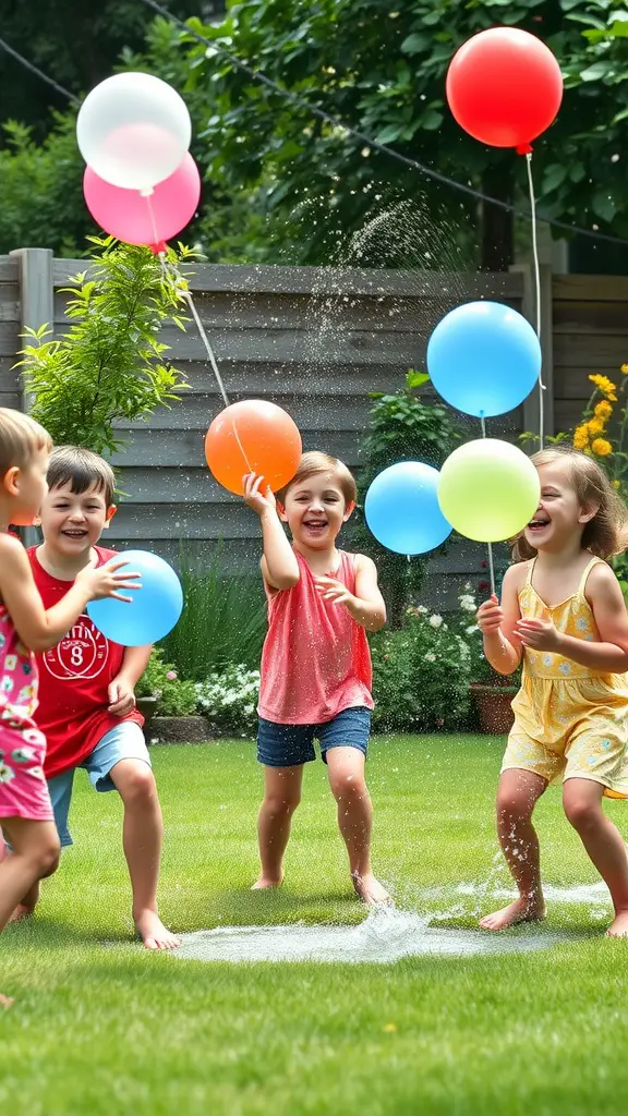 19 Fun Outdoor Birthday Party Ideas for Kids 2 Kids enjoying a water balloon battle in a backyard, laughing and splashing water around.