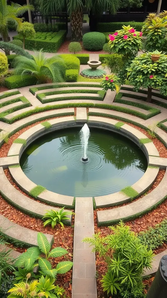 15 Stunning Labyrinth Garden Ideas for Your Outdoor Space 9 A circular water basin with a fountain surrounded by manicured greenery and stone pathways.