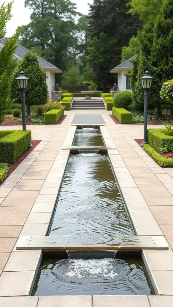 21 Stunning Long Driveway Landscaping Ideas You’ll Love 15 A beautifully landscaped driveway with a water feature and surrounding greenery, creating a serene atmosphere.