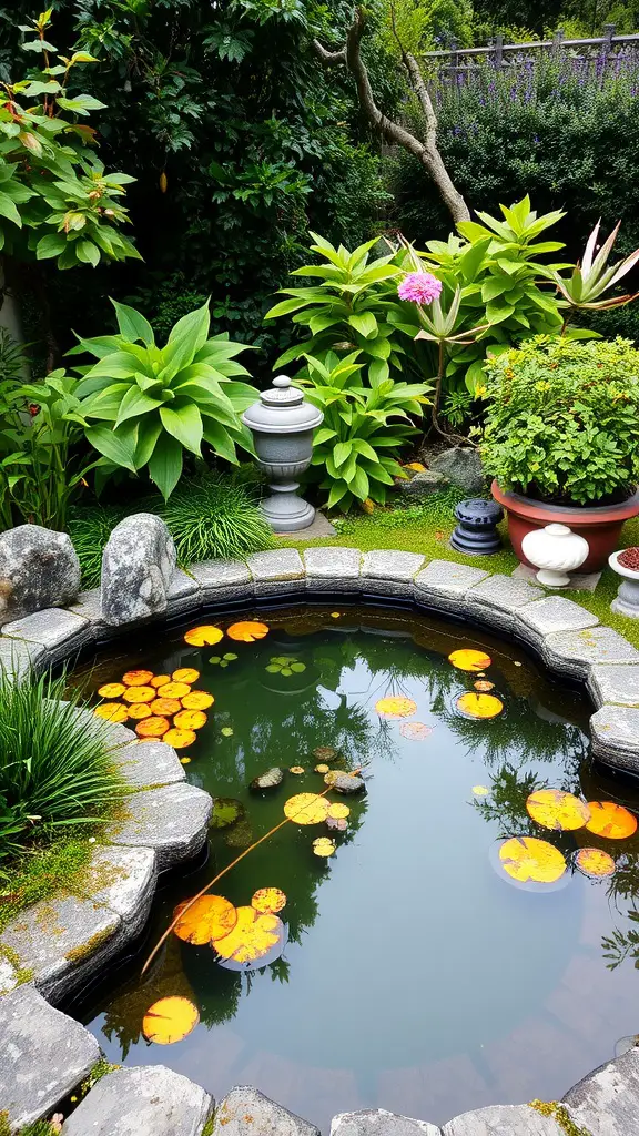 A serene garden pond surrounded by lush plants and lily pads.