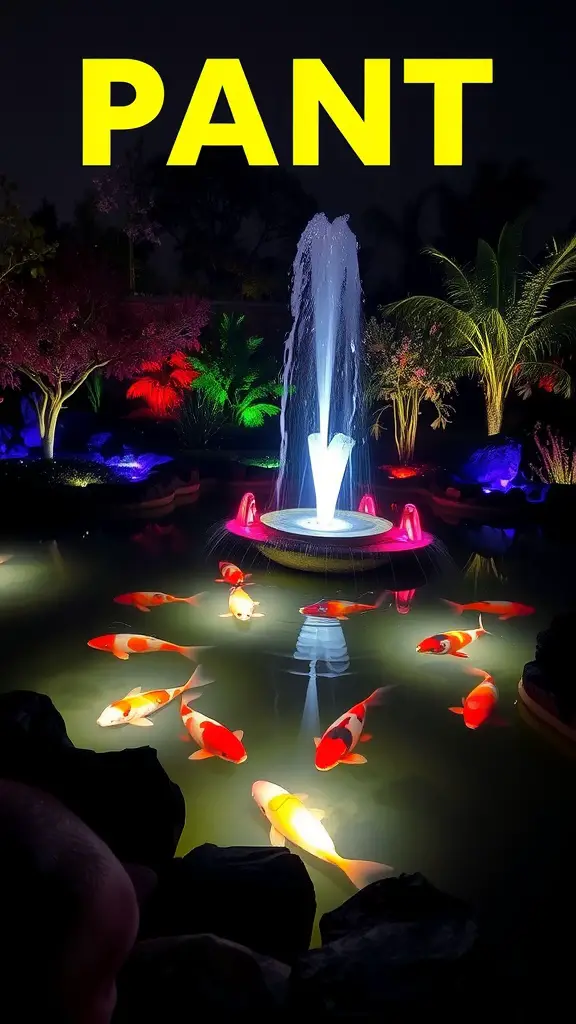 19 Stunning Koi Pond Ideas for Your Backyard Oasis 10 A colorful koi pond with a fountain and LED lights at night