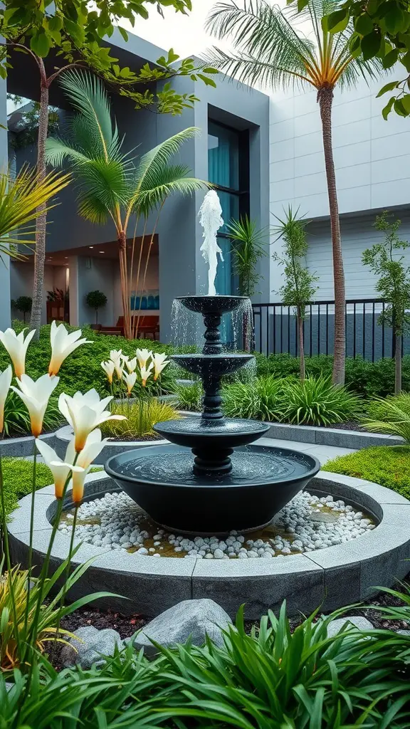 23 Inspiring Modern Garden Ideas to Transform Your Outdoor Space 4 A modern garden featuring a tiered fountain surrounded by lush greenery and flowers