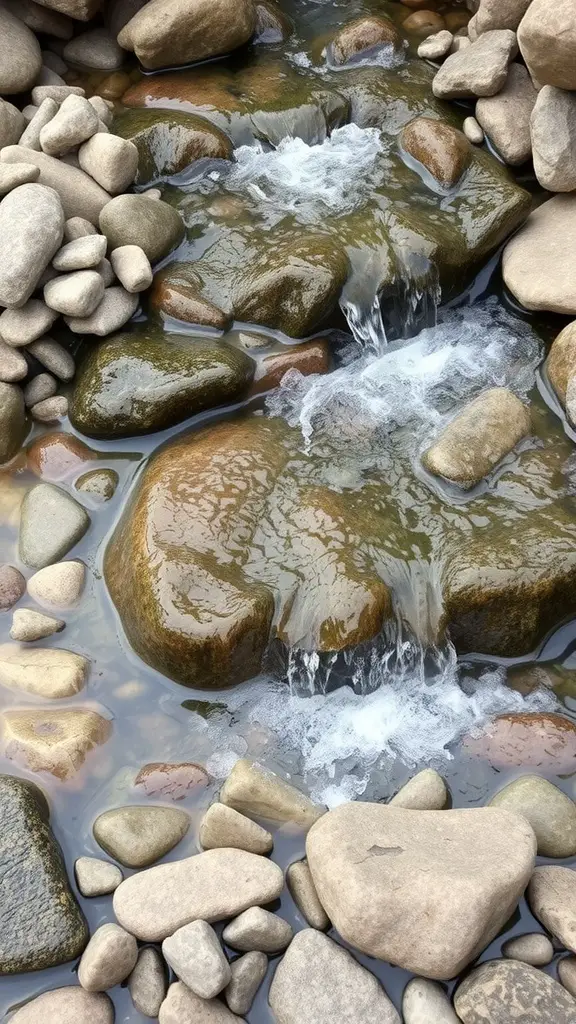 19 Creative River Rock Landscaping Ideas for Your Garden 7 A water feature with river stones, showcasing clear water flowing over smooth rocks.