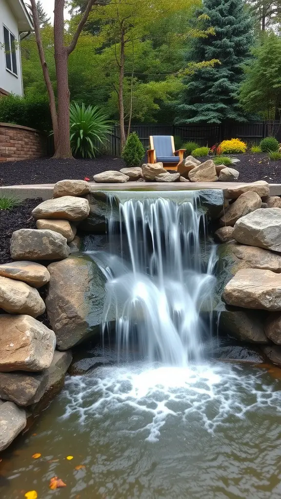 21 Creative Sloped Backyard Landscaping Ideas You’ll Love 12 A serene waterfall surrounded by rocks in a sloped backyard, featuring a wooden chair nearby and lush greenery.