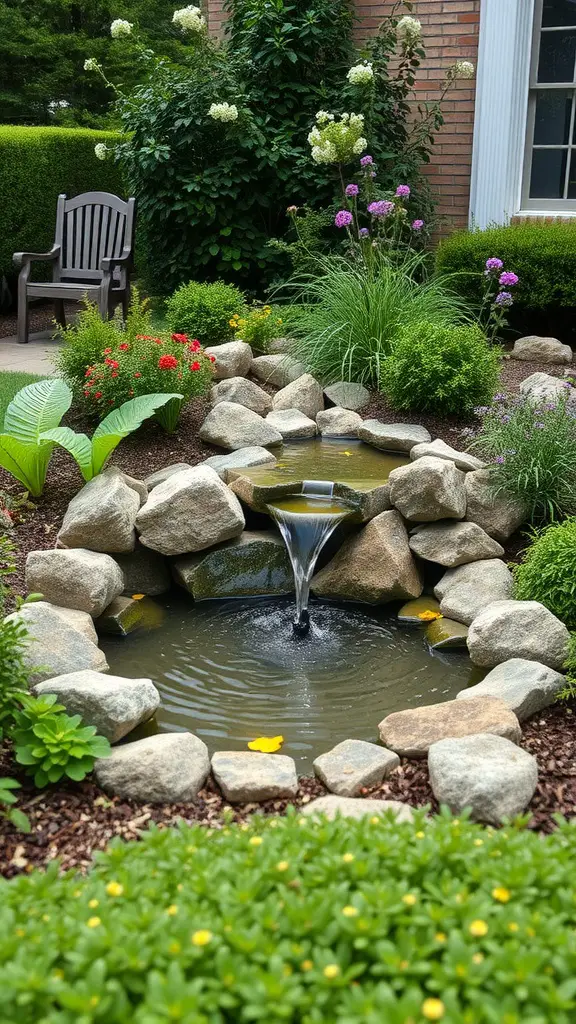 A small garden pond with a waterfall surrounded by rocks and colorful plants