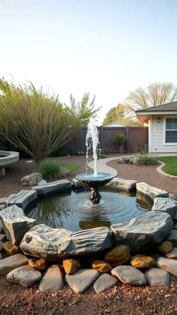 13 Simple Landscaping Ideas for Your Front Yard 11 A tranquil fountain surrounded by stones in a landscaped front yard.