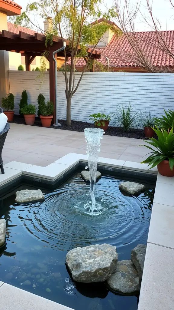 23 Charming French Patio Ideas to Transform Your Outdoor Space 16 A serene patio with a fountain surrounded by stones and plants
