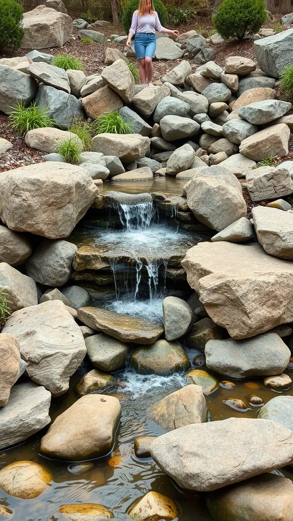 19 Inspiring Rock Garden Ideas for Your Outdoor Space 6 A serene rock garden with a waterfall flowing over stones and a person walking nearby.
