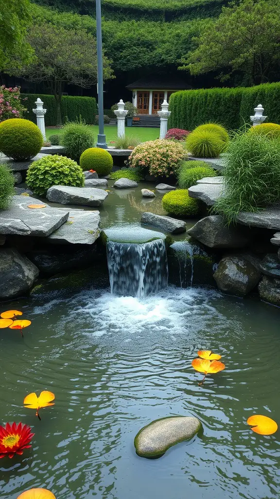 17 Creative Garden Pond Ideas to Enhance Your Outdoor Space 5 A picturesque garden pond featuring a waterfall, surrounded by colorful plants and flowers.