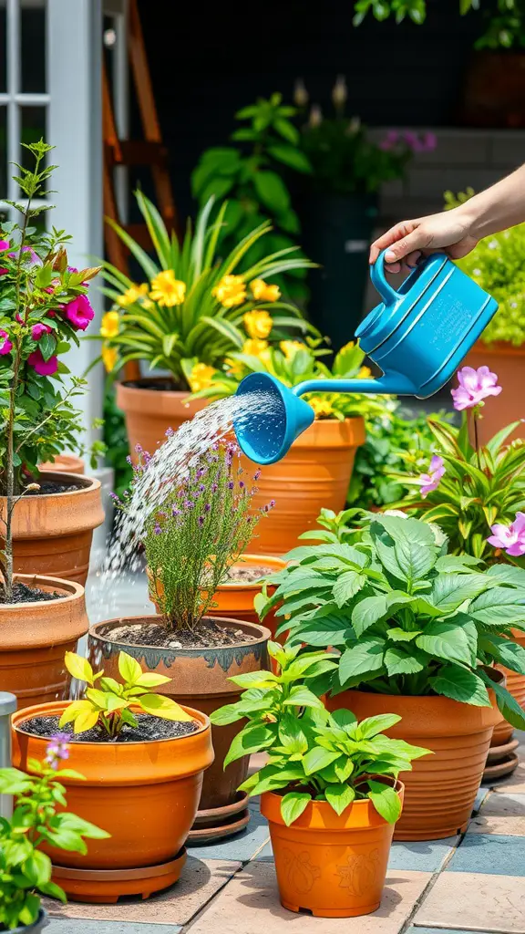 15 Creative Garden Irrigation Ideas for a Thriving Garden 12 A blue watering can pouring water onto a lavender plant surrounded by various potted plants in a garden setting.