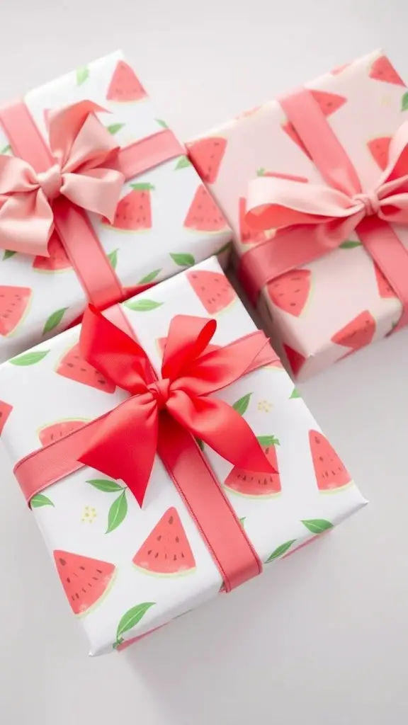 17 Creative Watermelon Baby Shower Ideas You’ll Love 16 Three gifts wrapped in watermelon-themed paper with pink ribbons.