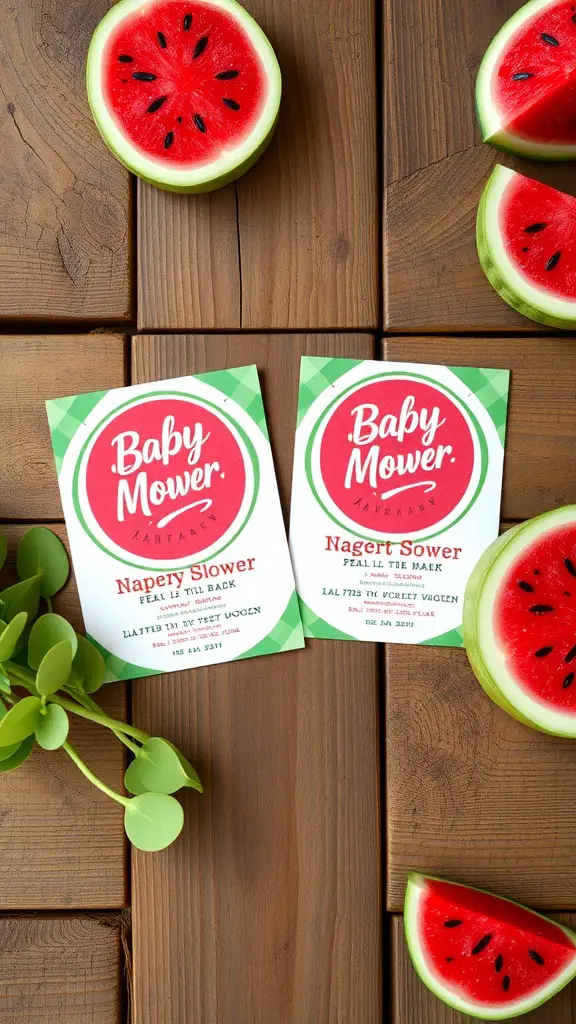 17 Creative Watermelon Baby Shower Ideas You’ll Love 6 Two watermelon-themed baby shower invitations on a wooden background with watermelon slices