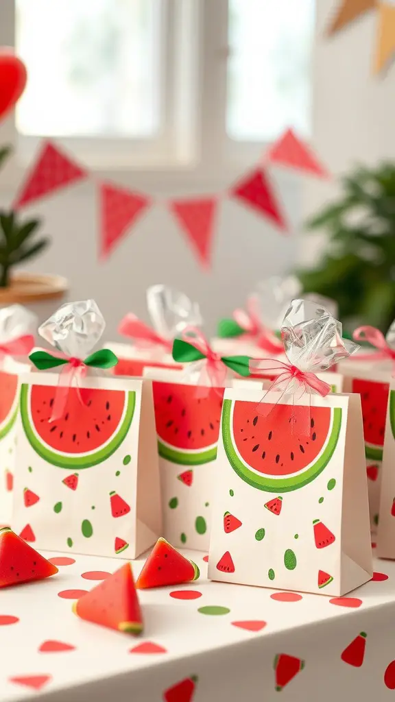 17 Creative Watermelon Baby Shower Ideas You’ll Love 10 Colorful watermelon-themed party favor bags with watermelon-shaped candies on a table.