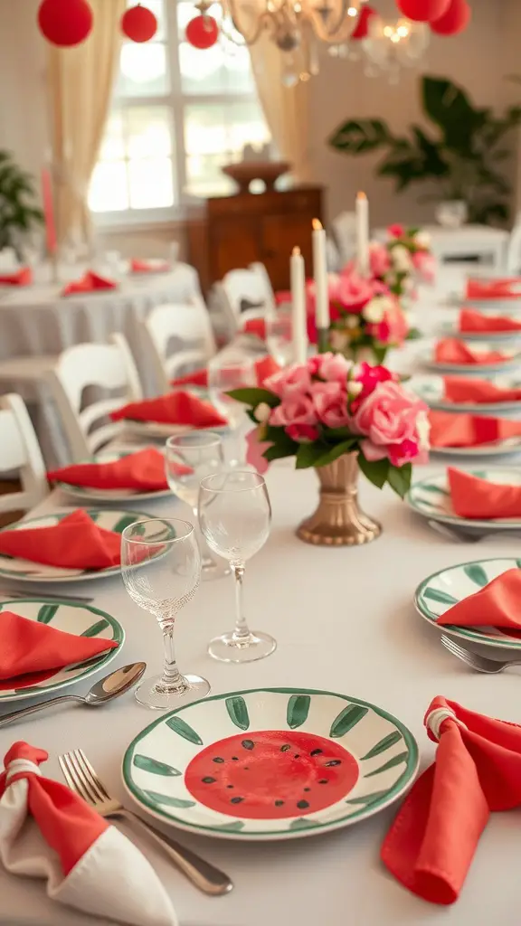 17 Creative Watermelon Baby Shower Ideas You’ll Love 13 A beautifully arranged table setting featuring watermelon-themed plates, coral napkins, sparkling glassware, and pink floral arrangements.
