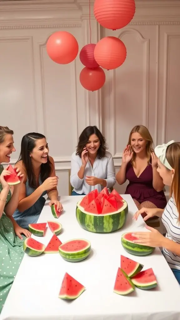 17 Creative Watermelon Baby Shower Ideas You’ll Love 2 A lively group of women enjoying a watermelon-themed baby shower, surrounded by watermelon slices and decorations.