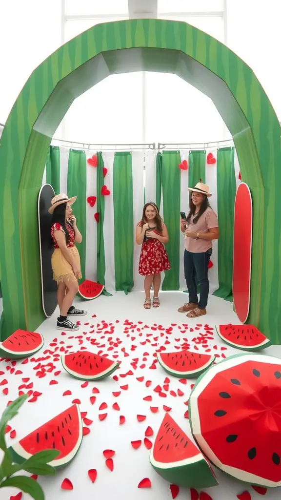 17 Creative Watermelon Baby Shower Ideas You’ll Love 15 A vibrant watermelon-themed photo booth with guests posing inside, decorated with watermelon cutouts and colorful curtains.