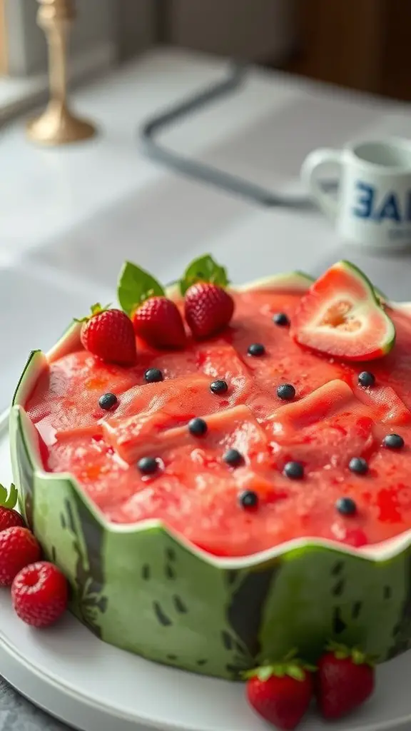 17 Creative Watermelon Baby Shower Ideas You’ll Love 5 A vibrant watermelon cake decorated with strawberries and blueberries, mimicking the look of a watermelon.
