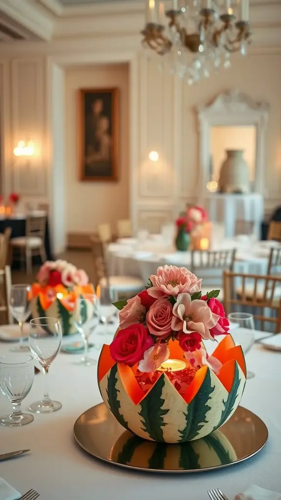 17 Creative Watermelon Baby Shower Ideas You’ll Love 9 A beautifully arranged watermelon centerpiece with flowers at a table setting for a baby shower.