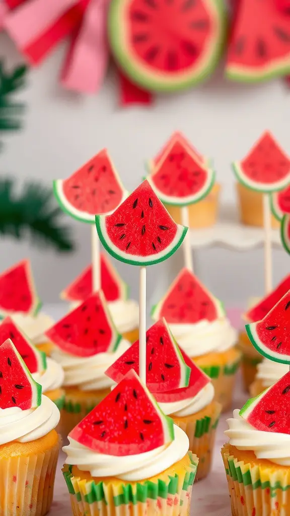 17 Creative Watermelon Baby Shower Ideas You’ll Love 11 Colorful watermelon cupcake toppers on cupcakes with white frosting.