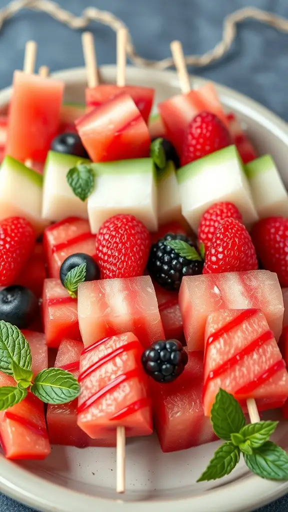 17 Creative Watermelon Baby Shower Ideas You’ll Love 8 A platter of colorful watermelon fruit skewers with berries and mint leaves.