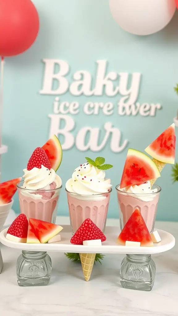 17 Creative Watermelon Baby Shower Ideas You’ll Love 14 A vibrant watermelon ice cream bar with pink ice cream, whipped cream, watermelon slices, and a playful sign.