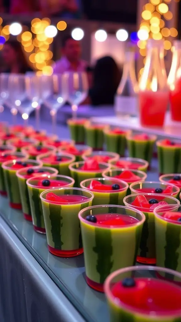 17 Creative Watermelon Baby Shower Ideas You’ll Love 17 Colorful watermelon-themed Jello shots arranged on a table