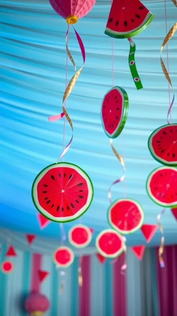 17 Creative Watermelon Baby Shower Ideas You’ll Love 4 Colorful watermelon slice decorations hanging from the ceiling at a baby shower.