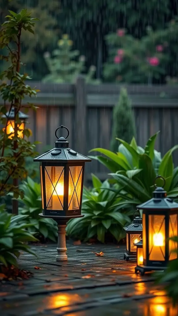 21 Creative Garden Lantern Ideas to Illuminate Your Outdoor Space 15 A picturesque garden scene with waterproof lanterns glowing softly in the rain, surrounded by lush greenery.